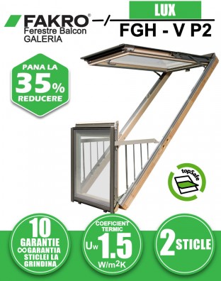 Fereastra mansarda balcon cu rama de etansare FAKRO FGH-V P2, lemn de pin, 2 sticle