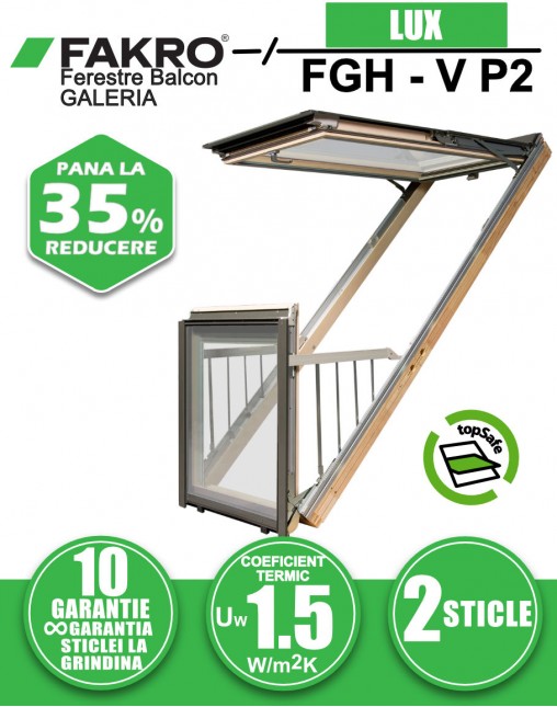 Fereastra mansarda balcon cu rama de etansare FAKRO FGH-V P2, lemn de pin, 2 sticle