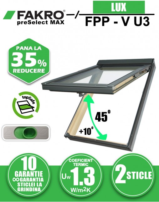 Fereastra mansarda cu rama de etansare, dubla deschidere FAKRO FPP-V U3 preSelect Max, lemn de pin, 2 sticle