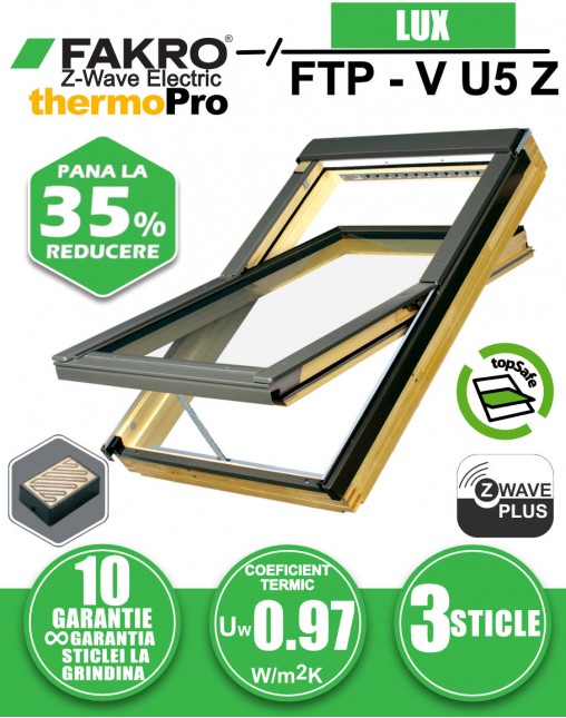 Fereastra mansarda cu rama de etansare, actionata electric FAKRO FTP-V U5 Z-Wave, lemn de pin, 3 sticle, senzor de ploaie