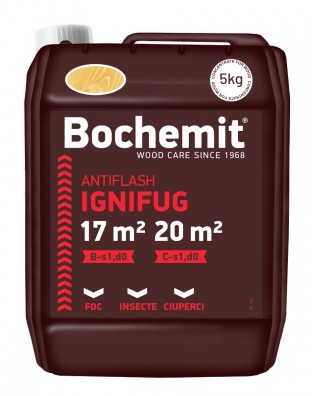 Solutie ignifugare lemn Bochemit Antiflash 5Kg, transparent, concentrat, 17m2 clasa B-s1,d0, 20m2 clasa C-s1,d0, protectie insecte si ciuperci