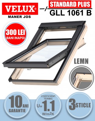 Fereastra mansarda Velux GLL 1061B cu rama de etansare, lemn de pin, 3 sticle, maner jos