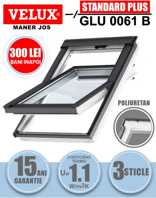 Fereastra mansarda Velux GLU 0061B cu rama de etansare, poliuretan, 3 sticle, maner jos