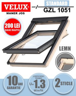 Fereastra mansarda Velux GZL 1051 cu rama de etansare, lemn de pin, 2 sticle, maner sus