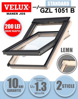 Fereastra mansarda Velux GZL 1051 B cu rama de etansare, lemn de pin, 2 sticle, maner jos