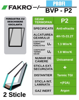 Fereastra mansarda verticala pentru atic FAKRO BVP P2, lemn de pin. 2 sticle