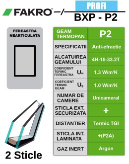 Fereastra mansarda verticala fixa pentru atic FAKRO BXP P2, lemn de pin, 2 sticle