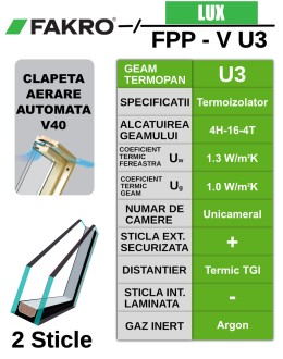 Fereastra mansarda cu rama de etansare, dubla deschidere FAKRO FPP-V U3 preSelect Max, lemn de pin, 2 sticle