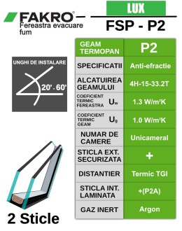 Fereastra mansarda cu rama de etansare pentru evacuare fum FAKRO FSP-P2, lemn de pin, 2 sticle