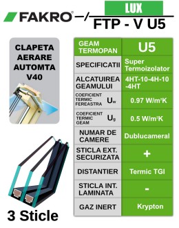 Fereastra mansarda cu rama de etansare FAKRO FTP-V U5, lemn de pin, 3 sticle