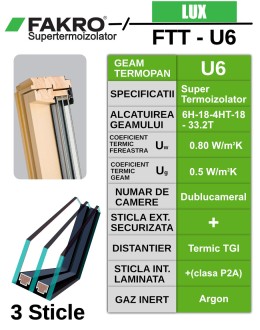 Fereastra mansarda cu rama de etansare, supertermoizolatoare FAKRO FTT-U6 Thermo, lemn de pin, 3 sticle