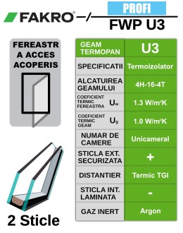 Fereastra mansarda cu rama de etansare, acces acoperis FAKRO FWP U3, lemn de pin, 2 sticle