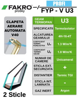 Fereastra mansarda cu rama de etansare, superinalta FAKRO FYP-V U3 proSky, lemn de pin, 2 sticle