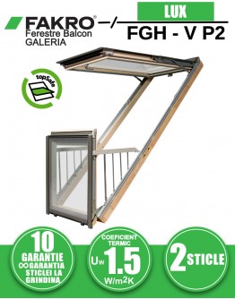 Fereastra mansarda balcon cu rama de etansare FAKRO FGH-V P2, lemn de pin, 2 sticle