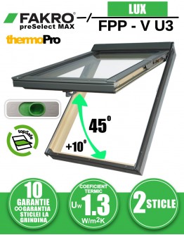 Fereastra mansarda cu rama de etansare, dubla deschidere FAKRO FPP-V U3 preSelect Max, lemn de pin, 2 sticle