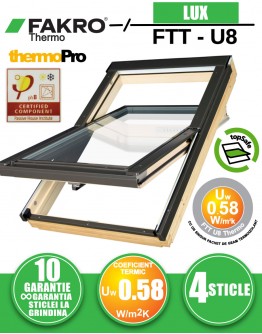 Fereastra mansarda cu rama de etansare, supertermoizolatoare FAKRO FTT U8 Thermo PASSIVE, lemn de pin, 4 sticle