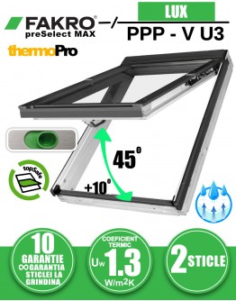 Fereastra mansarda cu rama de etansare, dubla deschidere FAKRO PPP-V U3 preSelect Max, din PVC, 2 sticle 55 x 78