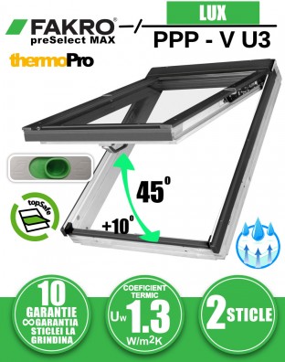 Fereastra mansarda cu rama de etansare, dubla deschidere FAKRO PPP-V U3 preSelect Max, din PVC, 2 sticle 55 x 78