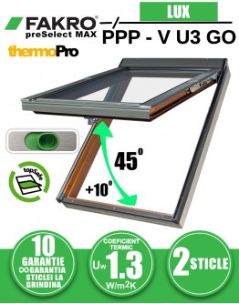 Fereastra mansarda cu rama de etansare, dubla deschidere FAKRO PPP-V U3 GO preSelect Max, din PVC stejar auriu, 2 sticle