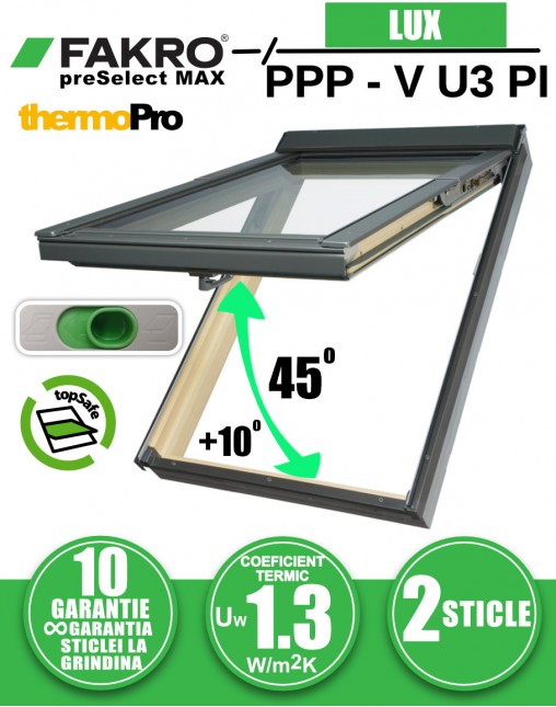 Fereastra mansarda cu rama de etansare, dubla deschidere FAKRO PPP-V U3 PI preSelect Max, din PVC culoare pin, 2 sticle