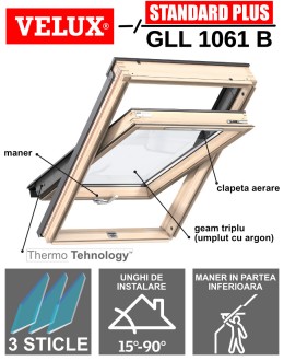 Fereastra mansarda Velux GLL 1061B cu rama de etansare, lemn de pin, 3 sticle, maner jos