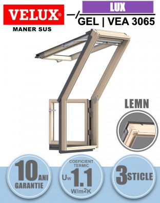 Fereastra mansarda balcon cu rama de etansare si kit izolare termica VELUX GEL | VEA  3065 CABRIO, acces terasa, lemn de pin, 3 sticle